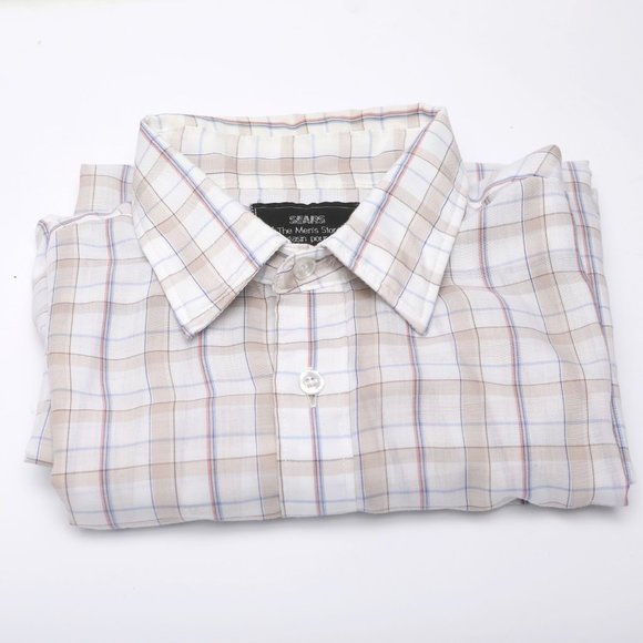 Vintage Sears The Men's Store Plaid Short Sleeve Button Down Shirt White Beige - Picture 5 of 12